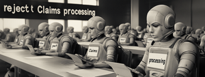 a photograph of a room full of robots, at desks. each rapidly reading and rejecting insurance claims. Each has a ‘reject’ stamp. In the background is a sign that says ‘Claims processing’ 1950s style