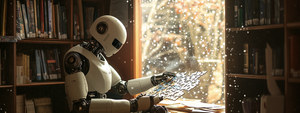 a photograph of a robot, sitting in a library, working on a jigsaw puzzle. The robot holds up the jigsaw puzzle, and snow is falling inside the library