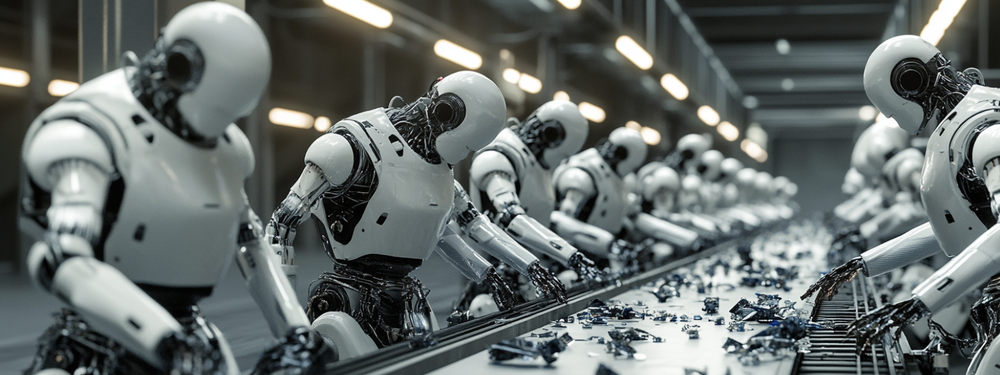 a photograph of a row of robots behind a conveyor belt. The robots are doing quality assurance. The belt is full of unique rube goldberg machine. The floor is littered with broken machines