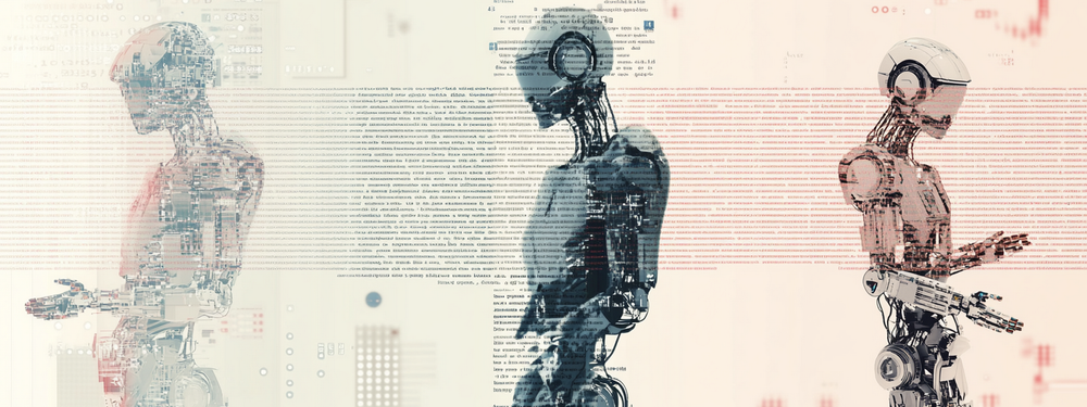 a visaulaization with three sections. on the left is text in paragraphs, in the middle is computer code and on the right is binary. Each has a graceful transition into the next with little robots assisting.