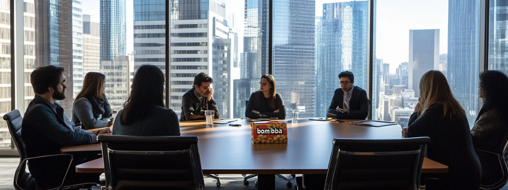 a photograph of hackers at a boardroom table. You can see the concern in their faces. The photo is a corporate publicity shot. The windows overlook a city. There's a package of ‘bomba’ peanut puffs on the table.