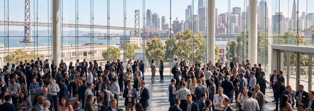 Conference attendees talk security in a sunny auditorium in San Francisco.