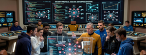 Security engineers on the deck of a Star Trek ship examining data on screens.