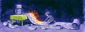 A robot helpfully provides an overly verbose diagram on a scroll to a developer, who is noticing the flaming symbols that represent assumptions added by the AI model