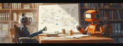 Two robots sit in a book-lined office discussing strategy at a propped-up whiteboard.