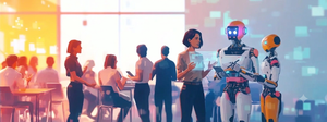 A sunny meeting room with groups of people collaborating. In the foreground, a woman works with two friendly robots.
