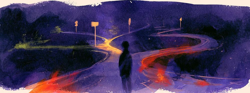 A watercolor painting of a silhouetted figure stands at a fork where several glowing trails wind away under an indigo sky, each trail marked by a signpost.