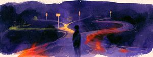 A watercolor painting of a silhouetted figure stands at a fork where several glowing trails wind away under an indigo sky, each trail marked by a signpost.