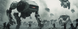 a photograph of an army of robots attacking and someone trying to prioritize