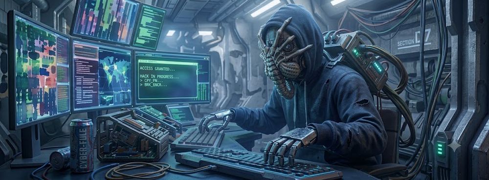 A robot sitting at a desk hacking. It wears a black hoodie with an aliens-style face hugger attached to it