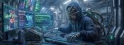 A robot sitting at a desk hacking. It wears a black hoodie with an aliens-style face hugger attached to it