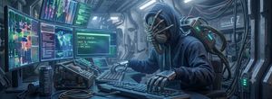 A robot sitting at a desk hacking. It wears a black hoodie with an aliens-style face hugger attached to it