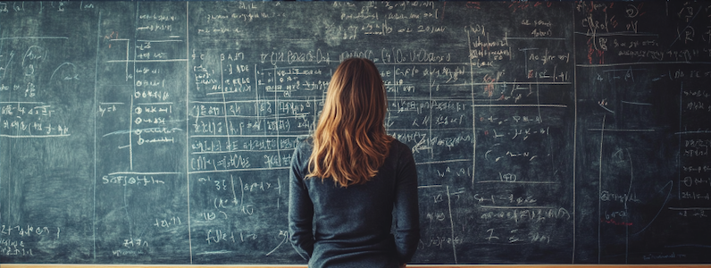 a generated image of a woman standing at a chalkboard reviewing the functions written on it