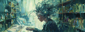 A person with wires and dials coming out of their skull. They're in a library but chained to a desk and unable to reach books.