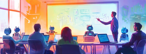 A vector art depiction of students and robots collaborating in Adam Shostack's Threat Modeling Intensive with Complete AI