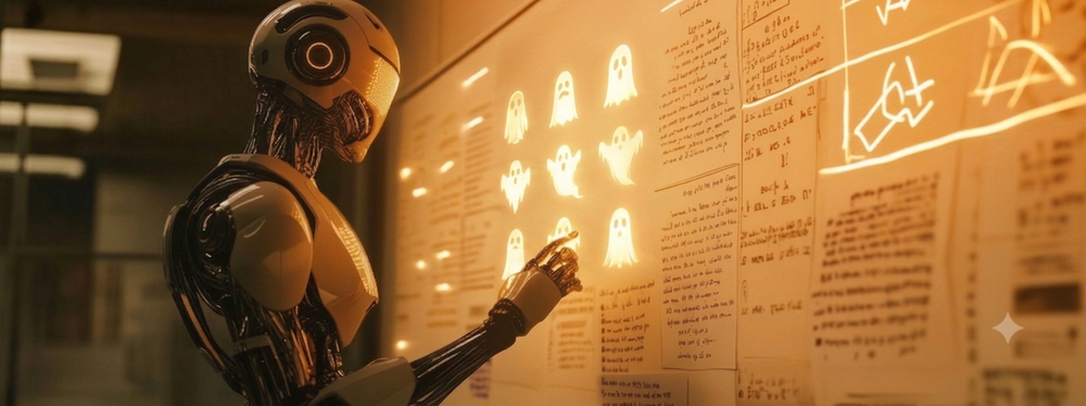 A robot studies glowing ghosts on a whiteboard
